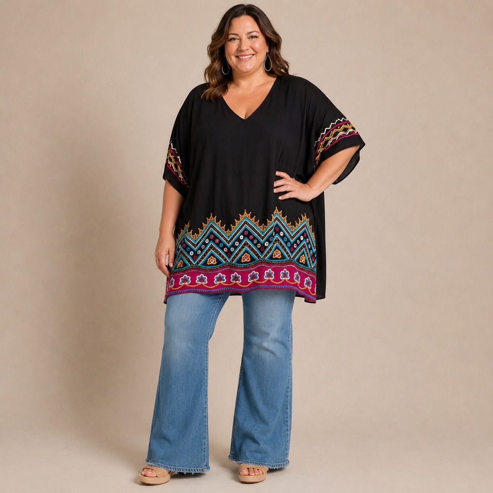 Double D Ranchwear Black Embroidered Tunic Top V-Neck Oversized Boho Fit = XL